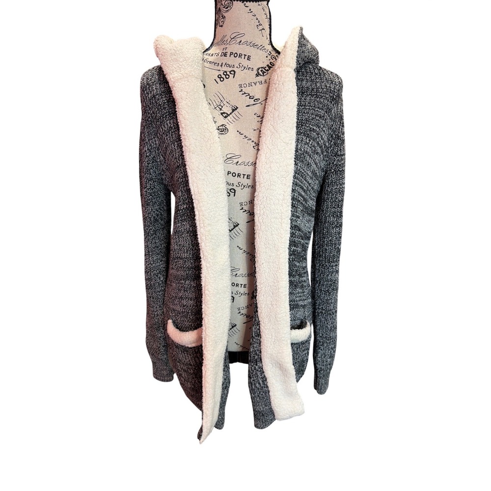 Natural Reflections Gray Marled Faux Fur Trim Hooded Open Front Cardigan Medium